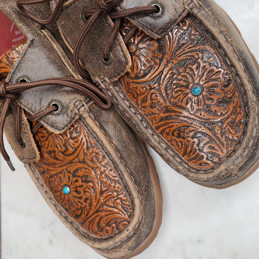 Twisted x driving moc shoes tooled floral leather turquoise stone size 9 M - Picture 2 of 10